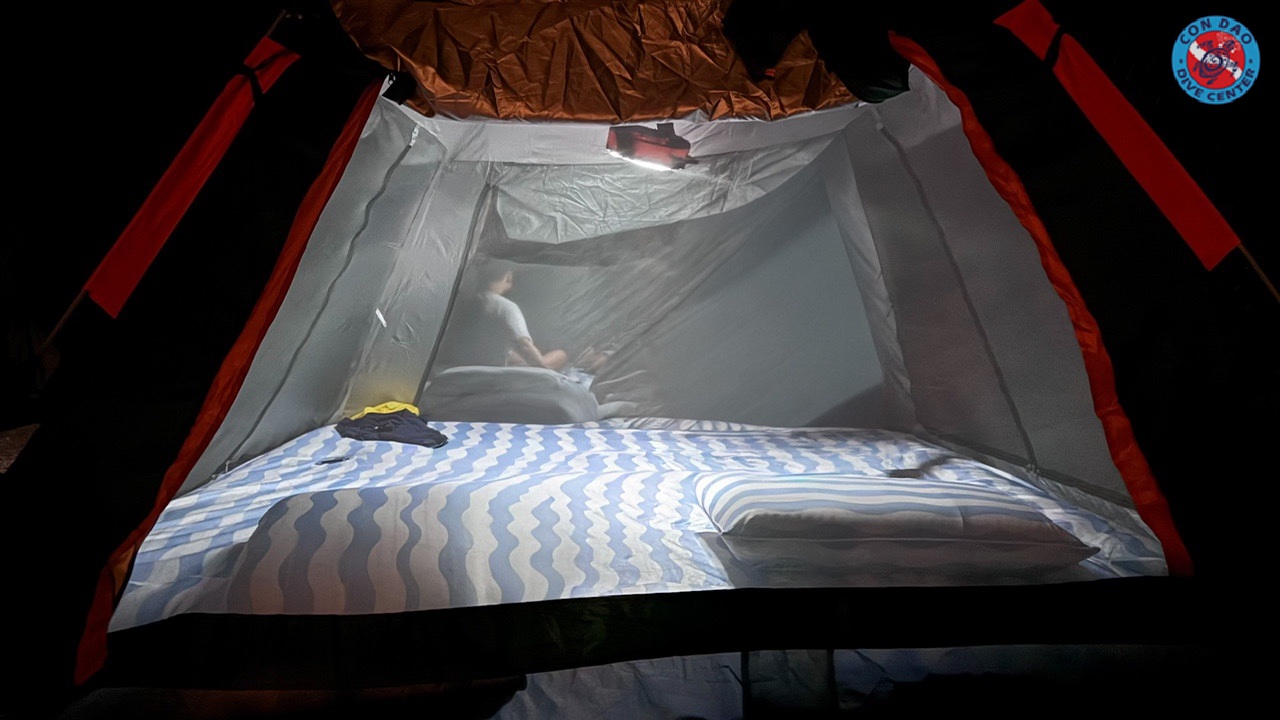 Tent accommodation on Bay Canh Island during the Turtle Laying Eggs Adventure in Con Dao with Con Dao Dive Center.