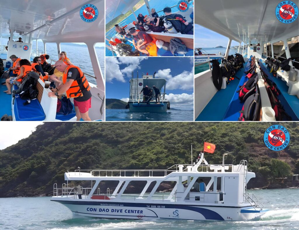 Con Dao Dive Center dive boat covered catamaran with dive equipment